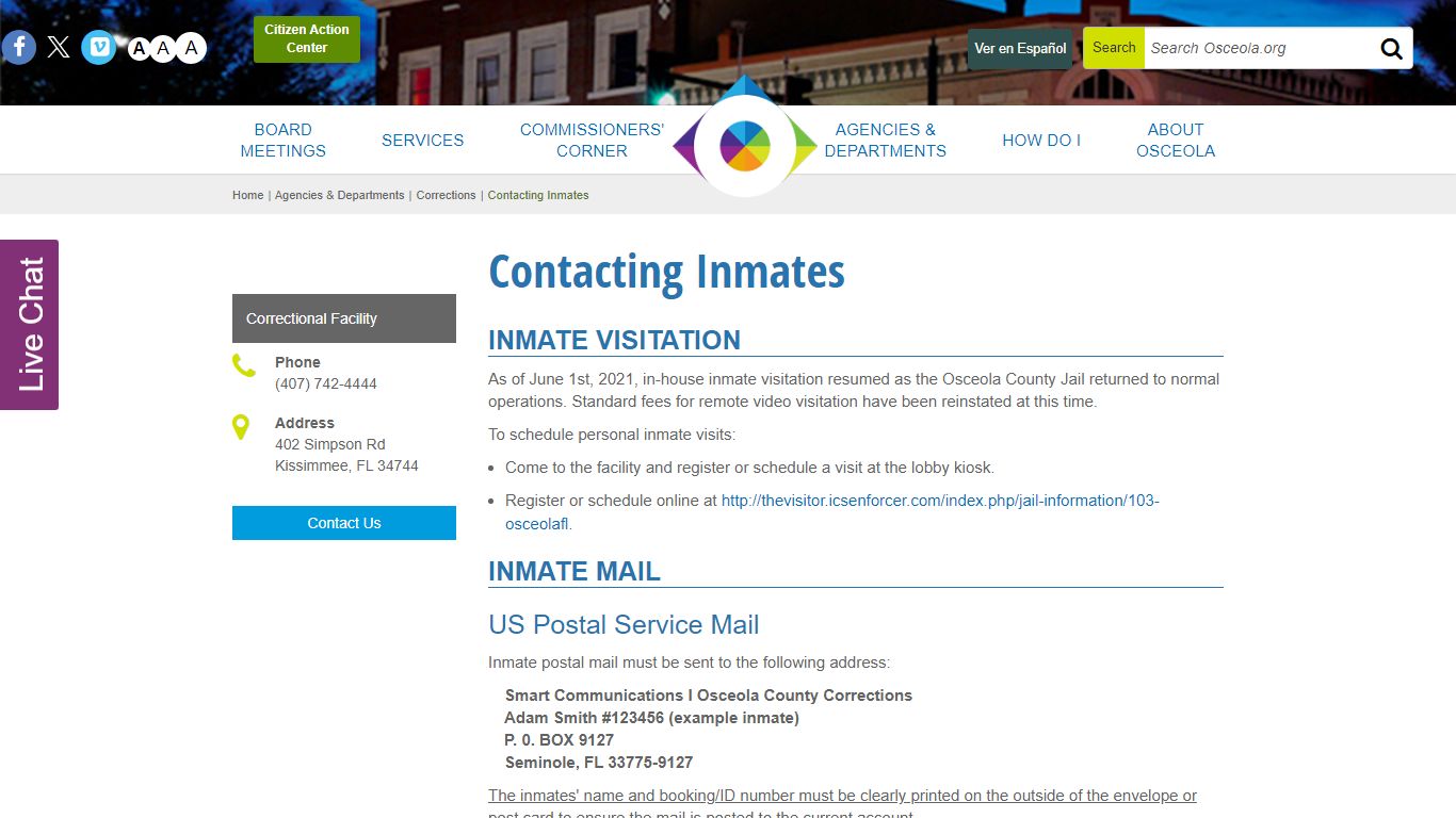 Contacting Inmates - Osceola County, Florida